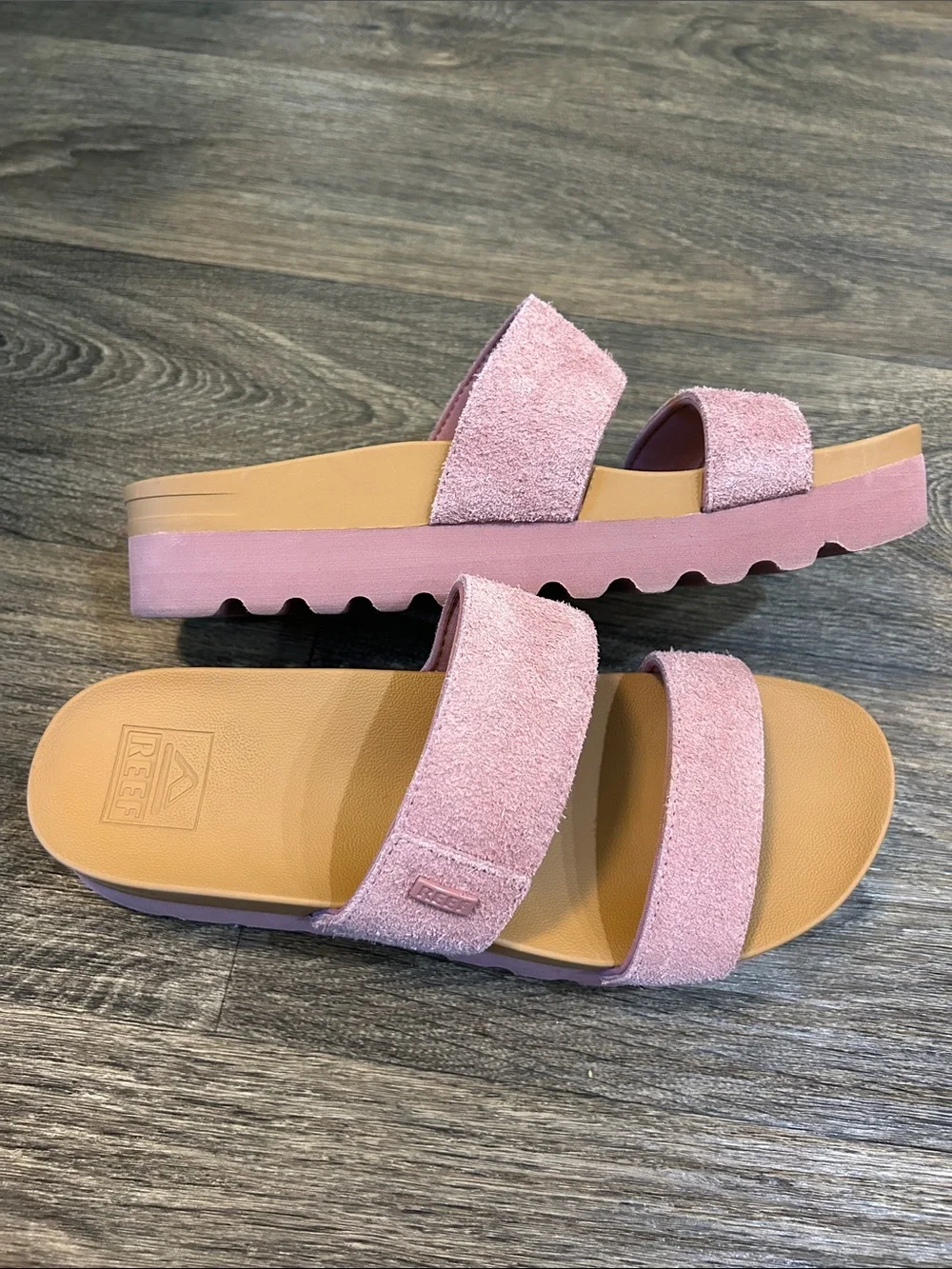 Reef Women’s Suede Double-Strap Slide Sandals in Dusty Pink and Tan
